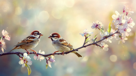 Two charming sparrows sit on a delicate blooming branch, surrounded by soft-focus colors that create a serene and dreamy atmosphere. Perfect for nature-themed projects.の素材