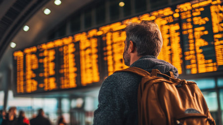 A traveler stands with a backpack, gazing at the digital flight information display in a busy airport terminal, capturing the essence of modern travel.の素材