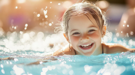 A joyful child swims in a bright blue pool, radiating happiness. Sunlight sparkles off the water, creating a playful atmosphere filled with laughter.の素材