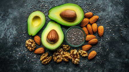 This image showcases fresh avocado slices surrounded by various nuts and chia seeds, highlighting healthy eating and vibrant colors. Perfect for nutrition-related content.の素材