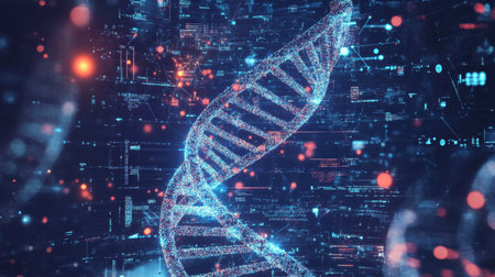 This stunning digital artwork showcases a DNA helix illuminated by vibrant data visualizations. It embodies the intersection of genetics and technology.の素材