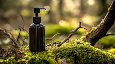 A black pump bottle sits elegantly on a mossy forest floor, surrounded by lush greenery. The soft natural light creates a serene atmosphere, ideal for wellness and beauty products.の素材
