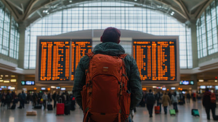 A traveler stands at a bustling airport terminal, gazing at a large flight information board. The atmosphere is vibrant and filled with anticipation, showcasing the essence of journey and exploration.の素材