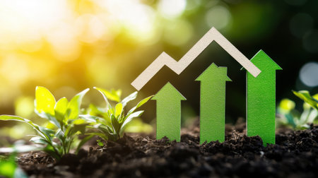 A vibrant scene showcasing green progress indicators alongside fresh plants in soil, symbolizing growth, success, and sustainability in a natural setting.の素材