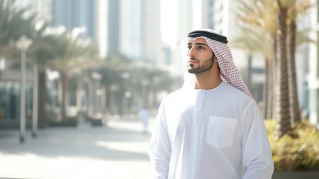 A contemplative man in traditional attire stands under palm trees, gazing thoughtfully at the modern city skyline. This scene captures the blend of culture and contemporary life.の素材