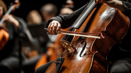 A close-up view of a cellist skillfully playing their instrument during a live classical performance, capturing the artistry and emotion of music-making on stage.の素材