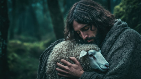 A serene scene depicting a man tenderly embracing a sheep in a tranquil forest. The deep connection highlights warmth and compassion in nature embrace.の素材