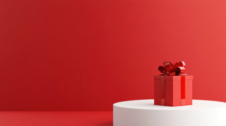 A vibrant red gift box adorned with a shiny bow sits gracefully on a white display stand against a bold red background, perfect for celebrations.の素材