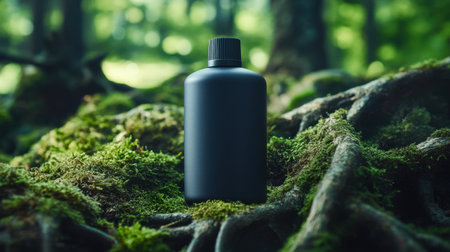 A sleek black bottle resting on lush moss in a tranquil forest setting. This image captures a serene moment in nature, perfect for eco-friendly themes.の素材