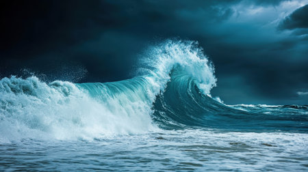 A stunning image of a powerful ocean wave crashing against the shore, showcasing vibrant blue tones and dynamic movement beneath a dramatic sky.の素材