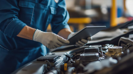 A mechanic in a blue uniform uses a tablet to diagnose problems under the hood of a vehicle in a well-equipped auto repair shop.の素材