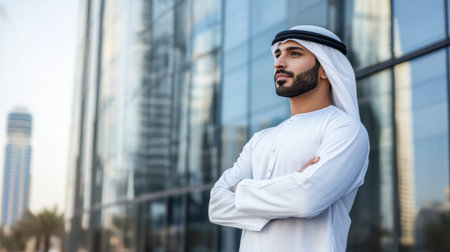 A confident Arab man in traditional attire stands by modern glass buildings, reflecting a harmonious blend of culture and contemporary lifestyle.の素材