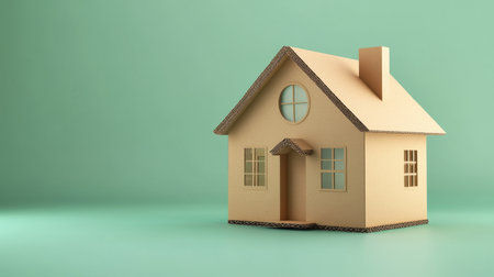 This charming paper house model showcases a minimalist design with a pastel green background, perfect for creative projects and artistic expressions.の素材