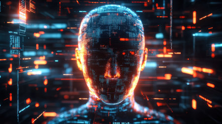 A captivating digital representation of a human face surrounded by glowing data streams and neon lights, symbolizing the fusion of technology and humanity in a futuristic setting.の素材