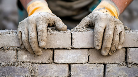 Hands wearing gloves apply mortar and lay bricks, demonstrating skilled craftsmanship in construction. The close-up shows the focus and technique involved in masonry work.の素材