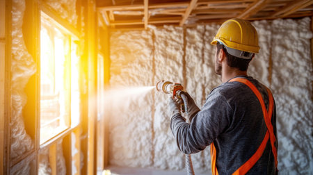 A construction worker wearing a safety helmet applies spray foam insulation to a wall in a sunlit interior. The process enhances energy efficiency and comfort.の素材