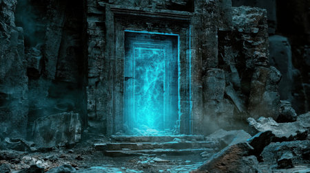 A captivating scene featuring a glowing blue doorway amidst ancient ruins, surrounded by weathered stones and a mysterious fog, inviting exploration.の素材