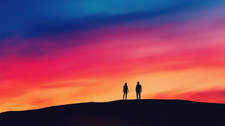 A couple stands silhouetted against a breathtaking sunset, creating a romantic atmosphere. The vibrant colors of the sky contrast beautifully with the gentle hills, evoking feelings of peace and connection.の素材