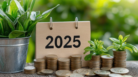 A visual representation of financial growth for the year 2025, featuring a calendar, coins, and green plants, symbolizing prosperity and investment.の素材