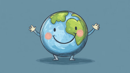 This charming illustration features a smiling cartoon Earth character with green land and blue oceans, evoking feelings of happiness and playfulness.の素材