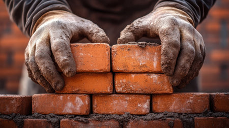 A skilled mason works meticulously to stack bricks for a robust wall, showcasing craftsmanship and precision in construction. This image highlights dedication and focus.の素材