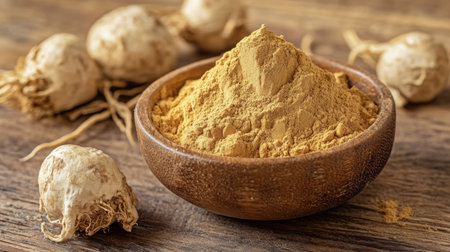 Close-up view of herbal powder in a wooden bowl, surrounded by fresh roots on a rustic wooden table, showcasing natural beauty and earthy tones perfect for culinary or wellness themes.の素材