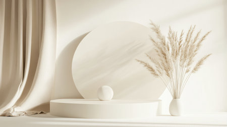 This serene minimalist interior features soft textures, neutral colors, and natural decor, creating a tranquil atmosphere for relaxation and inspiration.の素材