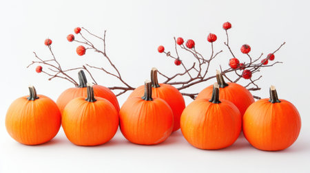 A collection of vibrant orange pumpkins arranged alongside a branch featuring red berries, set against a clean white background, perfect for seasonal themes.の素材