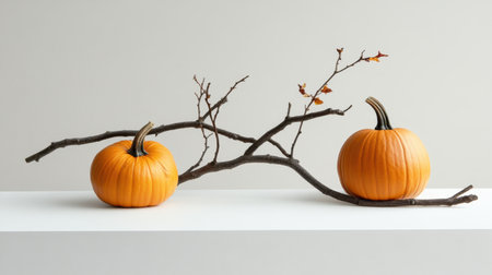 This image showcases two vibrant orange pumpkins placed elegantly on a simple branch. The neutral background adds a calm and modern touch, perfect for seasonal decor.の素材