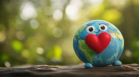 A charming cartoon earth character holding a red heart represents love for our planet. The bright natural setting enhances the cheerful and playful theme, perfect for environmental awareness.の素材