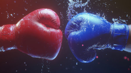 This dynamic image showcases red and blue boxing gloves colliding, creating a dramatic water splash effect. It symbolizes strength and competition in sports.の素材