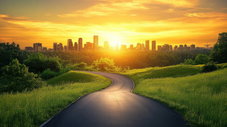 A beautiful sunset casts a golden hue over a city skyline, with a winding pathway leading through lush green grass. Perfect for nature and cityscape themes.の素材