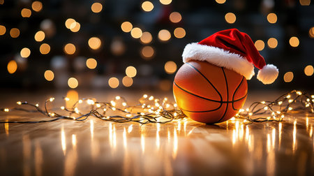 A festive basketball adorned with a Santa hat sits on a wooden floor, surrounded by glowing lights and bokeh effects, evoking holiday spirit and joy.の素材