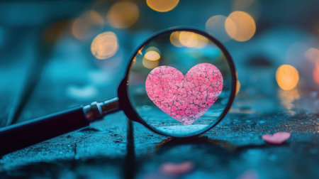 A vibrant heart shape viewed through a magnifying glass, set against a backdrop of soft bokeh lights. This artistic image evokes feelings of love and connection.の素材