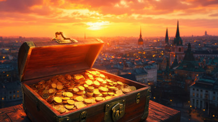 A magnificent wooden treasure chest overflowing with shiny gold coins, set against a breathtaking sunset over a vibrant city skyline, embodies the essence of adventure and wealth.の素材