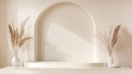 A minimalist studio setting featuring a neutral tone arch with decorative plants. The scene exudes elegance and tranquility, perfect for creative inspirations or modern displays.の素材