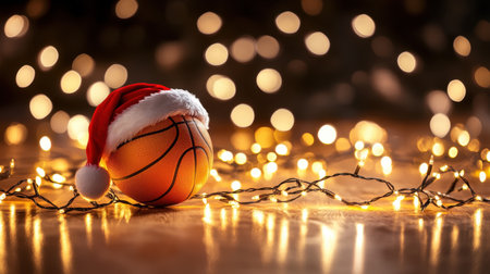 A vibrant basketball adorned with a Santa hat rests among twinkling holiday lights, creating a festive and joyful atmosphere perfect for celebrating the season.の素材