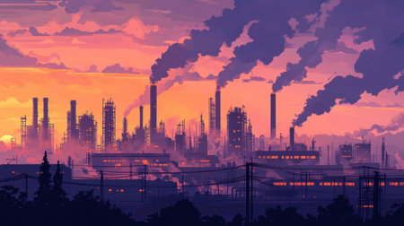 Stunning industrial scene at dusk featuring factories emitting smoke against a vibrant sunset sky. This image captures the essence of urban development and environmental impact.の素材