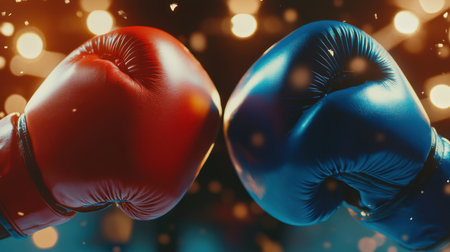 Captivating close-up of red and blue boxing gloves poised in action, surrounded by a vibrant bokeh background. This image embodies the spirit of competition and athleticism.の素材
