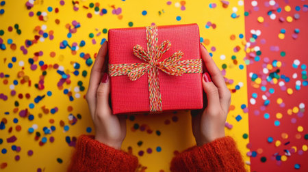A vibrant scene showcasing a beautifully wrapped gift box held in hands, surrounded by colorful confetti against a bright backdrop, perfect for celebrations.の素材