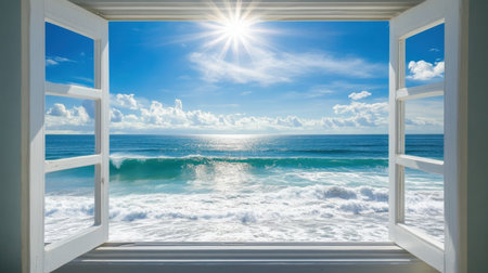 Experience a breathtaking view of ocean waves and bright sunlight streaming through an open window, evoking feelings of peace, relaxation, and connection to nature.の素材
