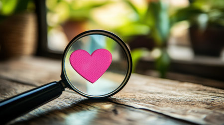 A magnifying glass captures a vibrant pink heart symbol, set against a lush green background, evoking themes of love and appreciation in a cozy setting.の素材