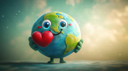 A cheerful cartoon earth character with a big smile holds a heart, symbolizing love and care for our planet. This vibrant illustration promotes kindness and harmony with nature.の素材