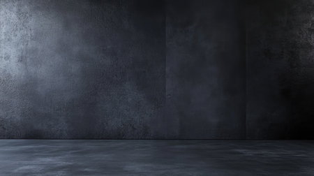 This dark minimalist background features a textured wall and smooth surface, perfect for showcasing products, art, or photography in a studio setting.の素材