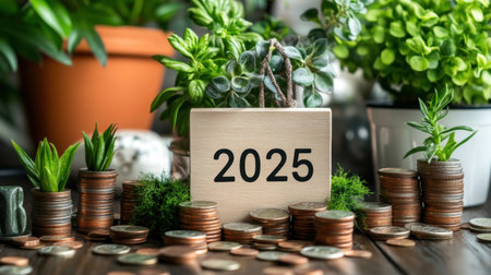 A captivating arrangement featuring coins and greenery symbolizes financial planning for 2025. This image represents the harmony between nature and economic growth, emphasizing prosperity and sustainability.の素材