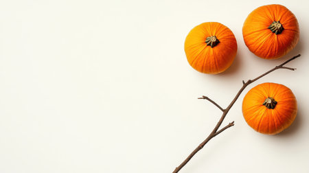 Three vibrant orange pumpkins are artistically arranged next to a brown branch against a clean white background, perfect for autumn-themed designs and seasonal decorations.の素材