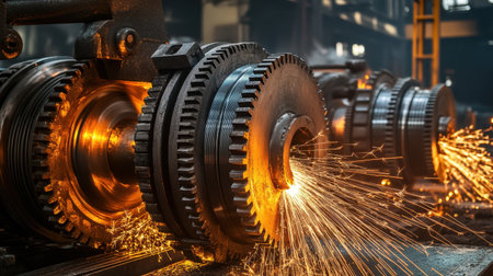 This image captures a dynamic industrial scene with rotating gears and sparks flying from metal cutting, showcasing the energy of machinery in action.の素材