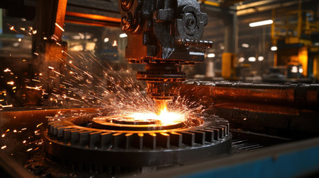 An industrial scene showcasing precision metal machining with sparks flying as tools cut through steel. The image captures the essence of modern manufacturing processes.の素材