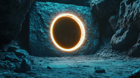 A captivating cave scene featuring a glowing circular portal against a rocky backdrop. The ethereal light contrasts with the surrounding darkness, creating a sense of mystery and adventure.の素材