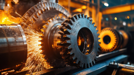 A dynamic scene showcasing industrial gears in motion, producing sparks and metal shavings. This image captures the essence of manufacturing processes, highlighting technology and engineering in action.の素材